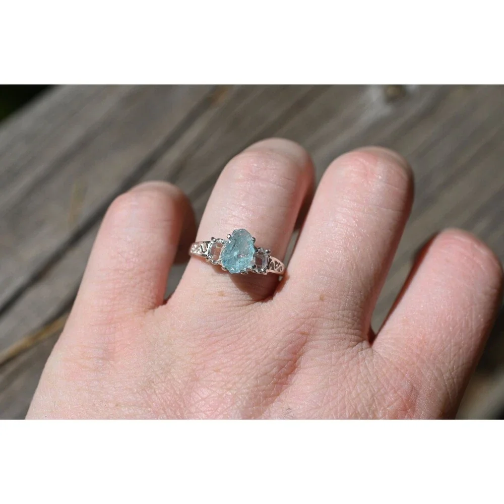 Engagement ring Raw Herkimer lake county diamond and Aquamarine s size 7 anniver